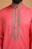 Coral Pink Dupion Silk Dori Embroidered Men Kurta Churidar