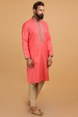 Coral Pink Dupion Silk Dori Embroidered Men Kurta Churidar