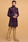 Dark Purple Brocade Men Sherwani With Velvet Dupatta