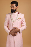 Pale Pink Modal Satin Embroidered Men Sherwani With Velvet Dupatta