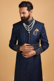 Sequins Embroidered Jacquard Navy Blue Men Sherwani With Dupatta