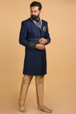 Sequins Embroidered Jacquard Navy Blue Men Sherwani With Dupatta