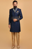 Sequins Embroidered Jacquard Navy Blue Men Sherwani With Dupatta