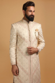 Embroidered Modal Satin Beige Men Sherwani With Chanderi Silk Dupatta