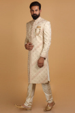 Embroidered Modal Satin Beige Men Sherwani With Chanderi Silk Dupatta