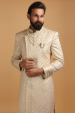 Beige Modal Satin Embroidered Men Sherwani With Dupatta