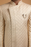 Beige Modal Satin Embroidered Men Sherwani With Dupatta
