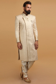 Beige Modal Satin Embroidered Men Sherwani With Dupatta