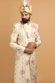 Brocade Beige Men Sherwani With Velvet Dupatta