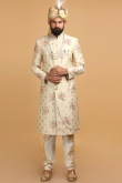 Brocade Beige Men Sherwani With Velvet Dupatta