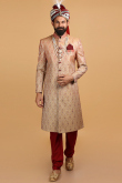 Dark Beige Brocade Embroidered Men Sherwani With Dupatta