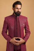 Wine Red Georgette Embroidered Men Jacket Style Sherwani