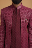 Wine Red Georgette Embroidered Men Jacket Style Sherwani