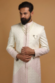 Sequins Embroidered Modal Satin Light Beige Men Sherwani With Dupatta