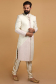 Sequins Embroidered Modal Satin Light Beige Men Sherwani With Dupatta