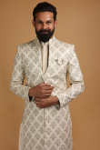 Light Beige Modal Satin Embroidered Men Sherwani Dual Tone Velvet Dupatta