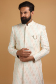 Off White Modal Satin Embroidered Men Sherwani With Dupatta