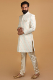 Off White Modal Satin Embroidered Men Sherwani With Dupatta