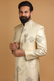 Brocade Cream Beige Wedding Wear Men Sherwani with Zari Work