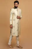Brocade Cream Beige Wedding Wear Men Sherwani with Zari Work