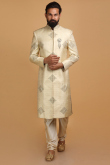 Brocade Cream Beige Wedding Wear Men Sherwani with Zari Work