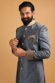 Woven Jacquard Steel Grey Men Sherwani