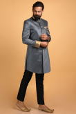 Woven Jacquard Steel Grey Men Sherwani