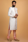Off White Brocade Men Wedding Sherwani With Chanderi Silk Dupatta