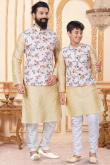 Oat Beige Dupion Silk Father & Son Jacket Style Kurta Churidar