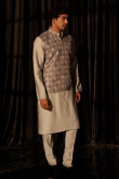 Oat Beige Jacket Style Viscose Men's Plain Kurta Pajama 