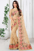 Oat Beige Net Embroidered Bridesmaid Wear Saree