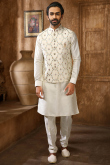 Ivory Art Silk Embroidered Men Kurta Pajama With Jacket