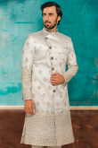 Off White Brocade Zari Embroidered Men Sherwani