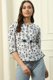 Off White Cotton Printed A Line Short Ready Made Kurti