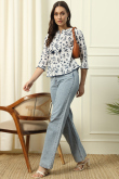 Off White Cotton Printed A Line Short Ready Made Kurti