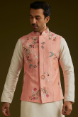 Off White Cotton Silk Men's Kurta Pajama With Embroidered Jacket