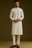 Off White Cotton Silk Men's Kurta Pajama With Embroidered Jacket