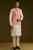Off White Cotton Silk Men's Kurta Pajama With Embroidered Jacket
