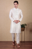 Off White Dupion Silk Embroidered Straight Cut Men's Kurta Pajama