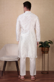 Off White Dupion Silk Embroidered Straight Cut Men's Kurta Pajama