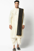 Off White Dupion Silk Men Dhoti Kurta With Black Printed Dupatta