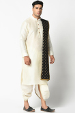 Off White Dupion Silk Men Dhoti Kurta With Black Printed Dupatta