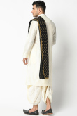 Off White Dupion Silk Men Dhoti Kurta With Black Printed Dupatta