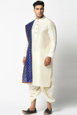 Off White Dupion Silk Men Plain Dhoti Kurta With Printed Dupatta