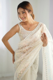 Off White Net Embroidered Light Weight Saree 