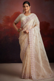 Off White Net Embroidered Light Weight Saree 