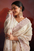 Off White Net Embroidered Light Weight Saree 