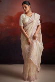 Off White Net Embroidered Light Weight Saree 