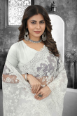 Off White Net Saree with Resham, Stone, and Thread Work