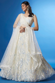 Off White Net Sequins Embroidered Flared Lehenga 